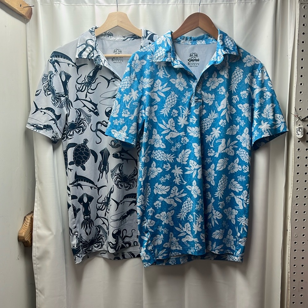 Kaipar Blue White Tropical Palm Tree Print Golf Polo- S